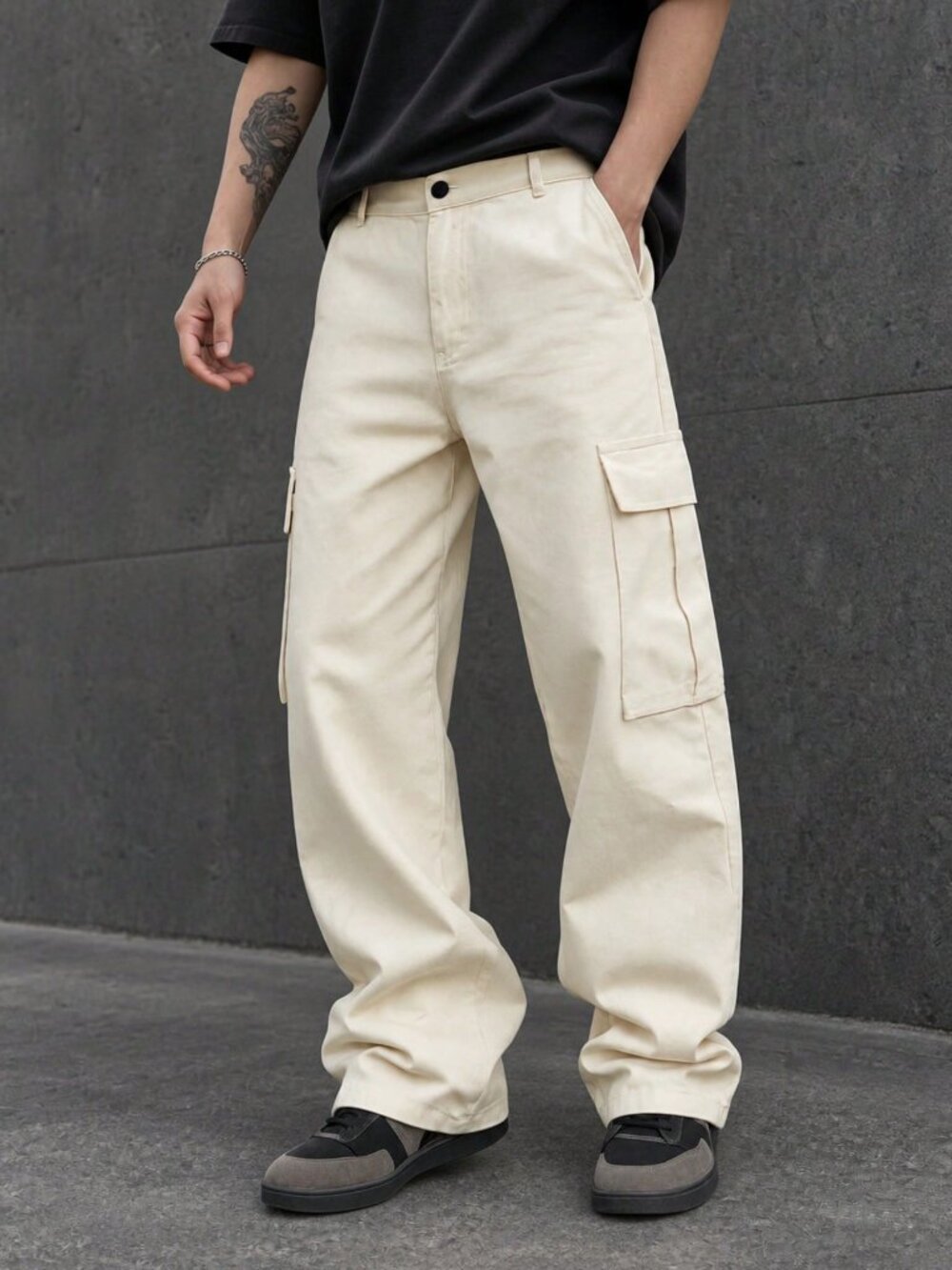 Beige Casual Men's Regular Fit Mid Waist Plain Zip Fly Pants